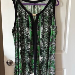 Sleeveless Green Tropical Print Women's Top with Black Trim
